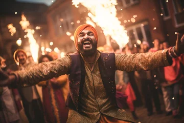 Gordijnen Punjabi religious people performing bhangra dance, celebrating lohri festival © Bilal