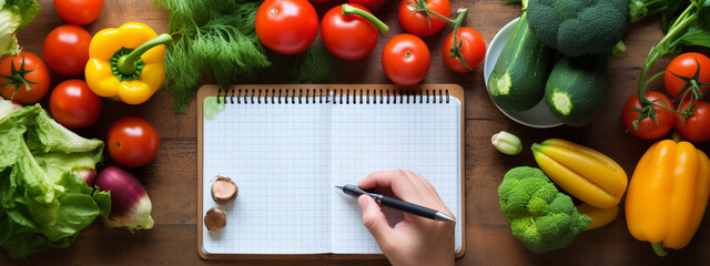 person planning, writing weekly meals on a meal planner note or diet plan with healthy food.