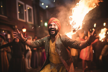 Punjabi religious people performing bhangra dance, celebrating lohri festival - obrazy, fototapety, plakaty