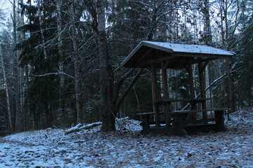 wooden gazebo in the winter forest.