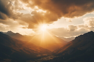 a cloudy sky is moving over a mountain, in the style of sunrays shine upon it - obrazy, fototapety, plakaty