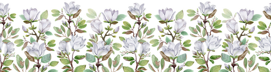 White magnolias on an isolated background. Watercolor seamless border of blooming flowers. Greenery foliage botanical decoration design for wedding invitations.