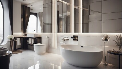 hotel bathroom, white glossy color, interior design

