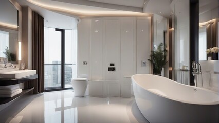 Fototapeta na wymiar hotel bathroom, white glossy color, interior design