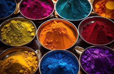 holi festival, bowls of powders sorted by colors ready for hindu festival