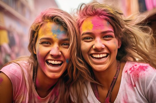 holi festival portrait of two young smiling girls full of colored powders on their faces and clothes