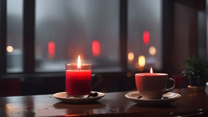 A glowing candle along with a coffee inside a coffee shop with a beautiful view and rainy weather outside through the window