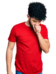 Fototapeta na wymiar Young arab man with beard wearing casual red t shirt feeling unwell and coughing as symptom for cold or bronchitis. health care concept.