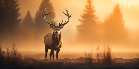 The same elk stands in the soft glow of dawn, its silhouette now warmed by the rising sun. - obrazy, fototapety, plakaty