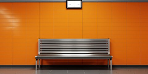 The contrasting colors of a minimalist metro station, featuring an orange backdrop and silver seats.
