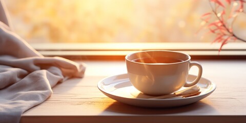  Soft light bathes a quiet scene of an upturned cup with spilled tea.