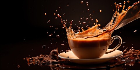 Brown coffee droplets fly around a cup in a chaotic yet artistic splash.