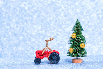 Holiday Harmony: Deer on Red Tractor by Festive Tree
