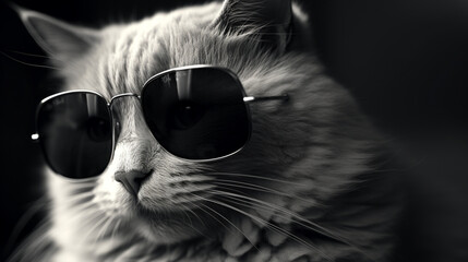 Gros plan sur un chat avec des lunettes de soleil sur fond noir. Noir et blanc. Animal domestique, chat, chaton, marrant. Arrière-plan pour conception et création graphique. - obrazy, fototapety, plakaty