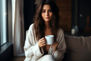 woman drinking hot coffee at morning, wearing a white bath robe.  - obrazy, fototapety, plakaty