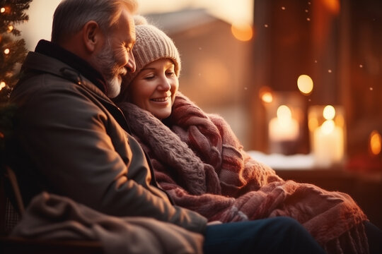 Elderly senior couple wrapped in warm blankets siting on a bench and relaxing in winter outdoor. Happy and satisfied couple enjoy the moment. 