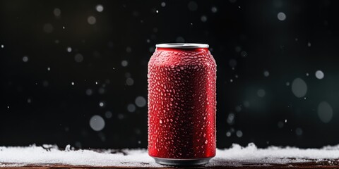 Cold can stands against red, droplets hinting at a frosty touch