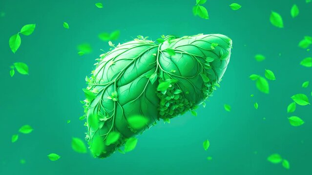 Green health, ecology, and clean, flying leafs in slow motion on a soft background (4K) with a human liver