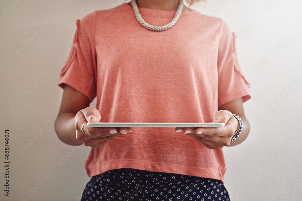 Poster Tablet, office or hands of woman with data analytics for growth, revenue or stats in office. Web design, strategy analysis or person working on algorithm research or digital SEO on web report update