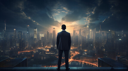 Fototapeta premium Visionary Businessman Gazing at Futuristic Cityscape Projection on Office Wall - Innovation and Future Concept