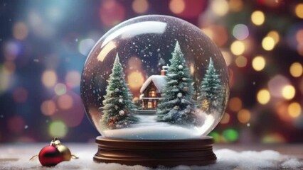 Christmas holiday background with decoration, snowman figure and snow globe, a lot of particles, and bokeh light - Powered by Adobe