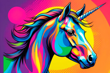 Fototapeta na wymiar Abstract portrait of a cartoon unicornin. Pop art style, animal graphic illustration. Digital graphics.
