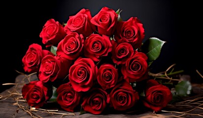 Ramo de rosas rojas apoyadas sobre una mesa con fondo negro para celebración del día de los enamorados.