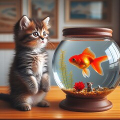 A beautiful fluffy kitten is hunting for a goldfish in an aqua rime. Friendship of a kitten and aquarium fish