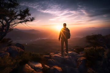 Silhouette of a man standing on the top of the mountain. Sunset. Coming home. Success.