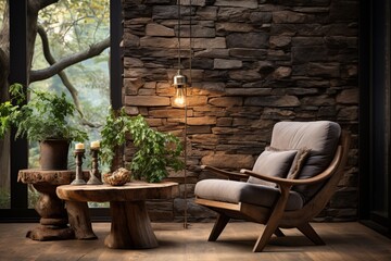 A wooden lounge chair is placed near a wild stone cladding wall, representing rustic interior design