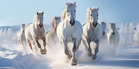 Snowflakes swirl around spirited horses galloping freely across a wintry, untouched landscape. - obrazy, fototapety, plakaty