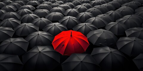 Amidst a crowd of grey umbrellas, one red canopy shines as a beacon of uniqueness.