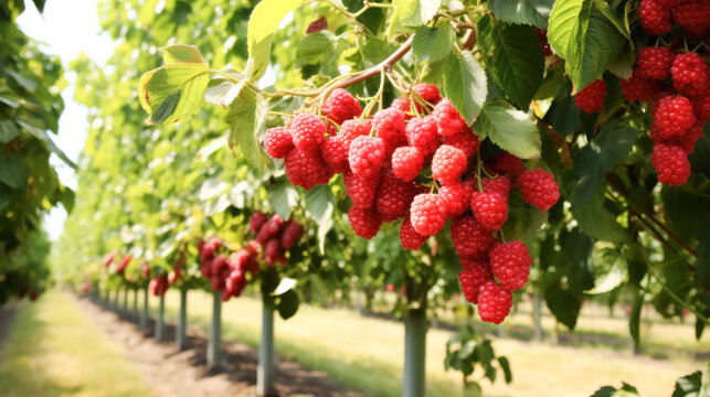 Fresh And juicy red raspberry on tree branch