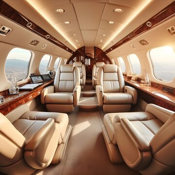 Interior of luxurious private jet with leather seats