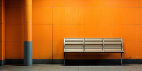 Subway station with a bright orange wall and a line of metallic benches.