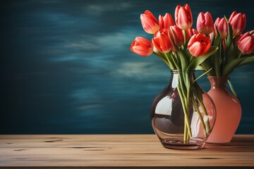 A wooden table adorned with a glass vase holding a bouquet of tulip flowers sits beside an empty coral wall, creating a home interior background with ample copy space