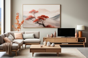 A wooden TV unit stands against a beige sofa, illustrating the cozy home interior design of a modern living room
