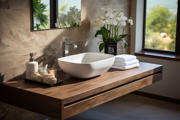 Fototapeta na wymiar A wooden washstand with a white ceramic vessel sink contributes to the interior design of a modern bathroom