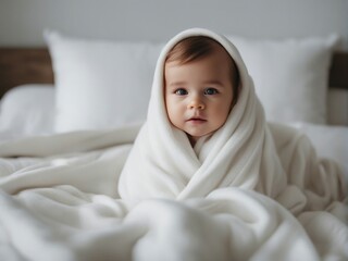 portrait of cute little american baby girl kid wrapped in soft white blanket on a bed

