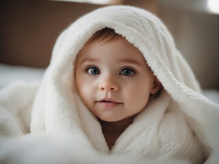 portrait of cute little american baby girl kid wrapped in soft white blanket on a bed

