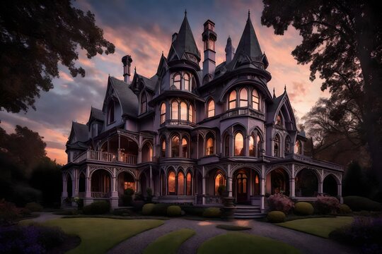 Design an image of a Gothic Revival-style Victorian house with pointed arches and intricate details, set against the twilight sky. Capture the dramatic and romantic essence of the architecture.
