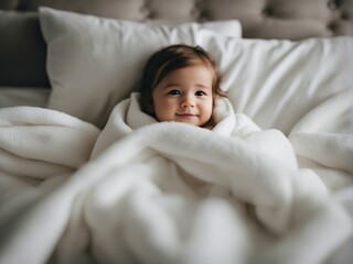 portrait of cute little american baby girl kid wrapped in soft white blanket on a bed

