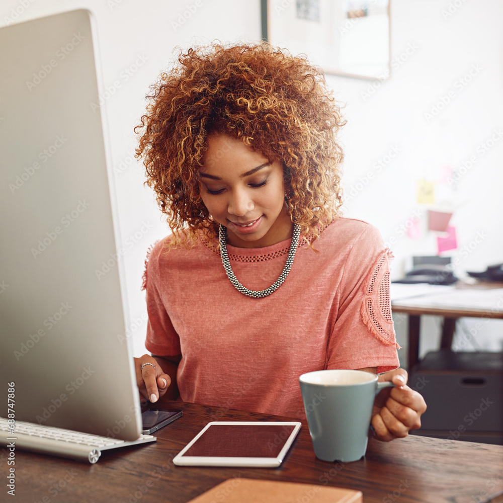 Poster office, tea or designer with tablet for research, technology or analysis online on website at desk. 
