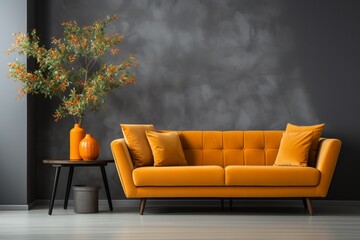 An elegant orange sofa stands against a grey stucco wall and cabinet, representing Scandinavian style home interior design in a modern living room