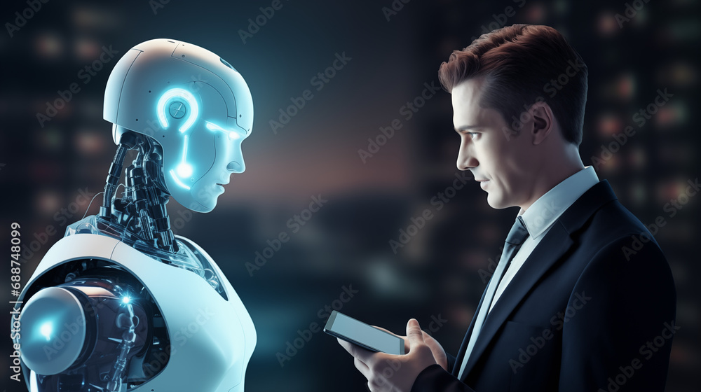 Poster human chat with bot ai. digital chat bot. human ask bot. bot conversation. technology futuristic
