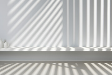 Minimalist corner with striped shadows and a small white sculpture