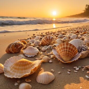 A sunset beach is adorned with a colorful array of seashells under a warm golden glow, the crashing waves and painted sky creating a serene natural scene.