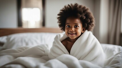 portrait of cute little black newborn baby kid wrapped in soft white blanket on a bed smiling. decorative background

