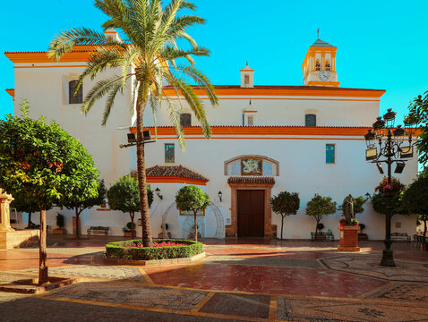 View of  Iglesia Mayor de la Encarnacion which is the main church hidden in the old town of Marbella center, Spain.