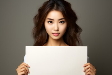 Fototapeta premium Young Asian woman holding a blank white sign with a serious look
